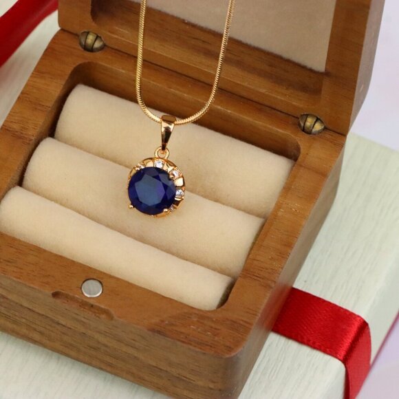 "Royal Blue Round Pendant with Sparkling Accents in Gold Finish, XPPT1647 - Picture 6 of 13